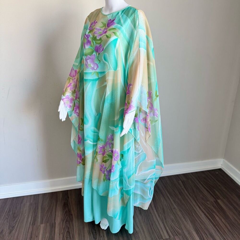 VTG 1970’s Floral Printed Chiffon Maxi Kaftan Dress - Picture 6 of 11